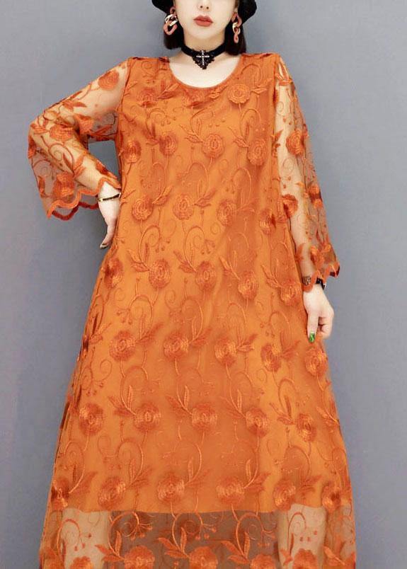 Unique Khaki Tulle Embroideried Fall Long Sleeve Long Dress - Image 4
