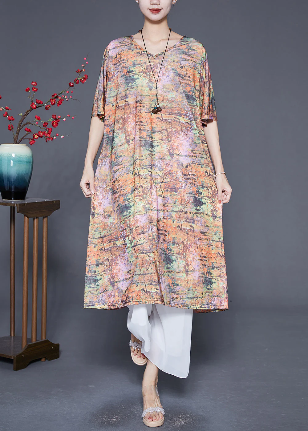 Unique Khaki V Neck Tie Dye Silk Long Dress Summer - Image 2