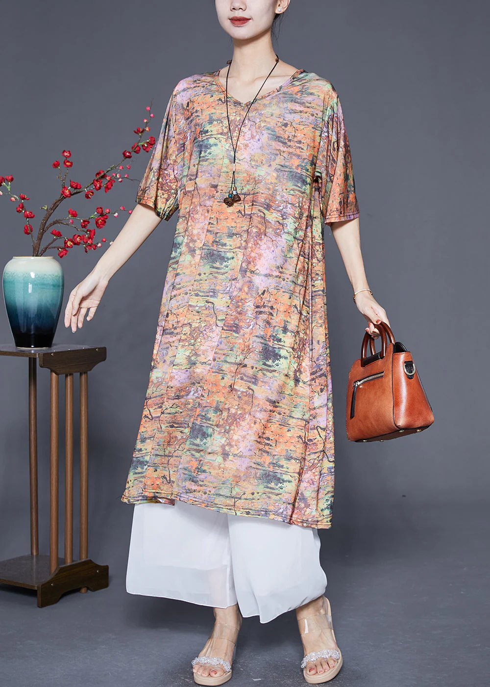 Unique Khaki V Neck Tie Dye Silk Long Dress Summer - Image 3