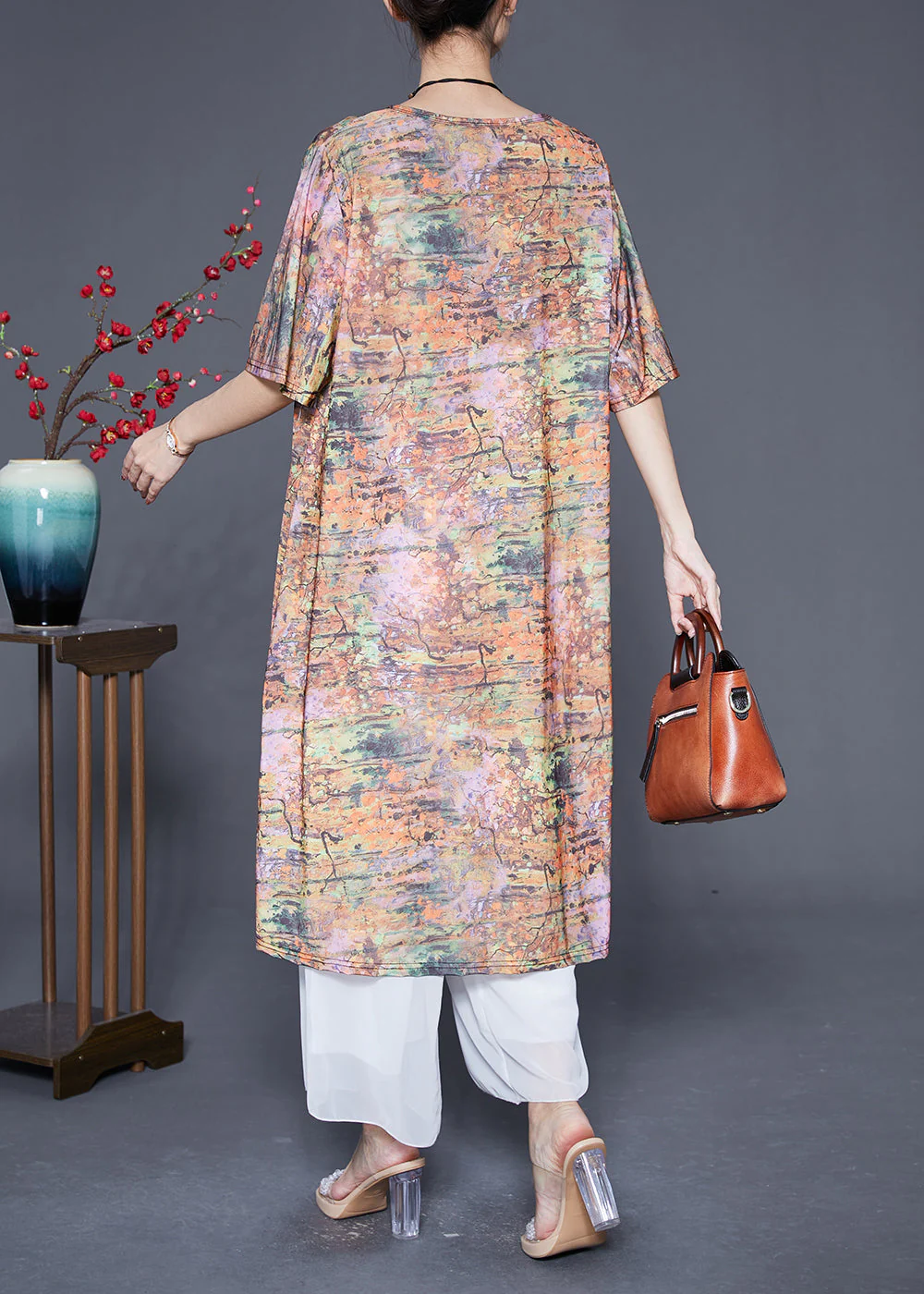 Unique Khaki V Neck Tie Dye Silk Long Dress Summer - Image 4