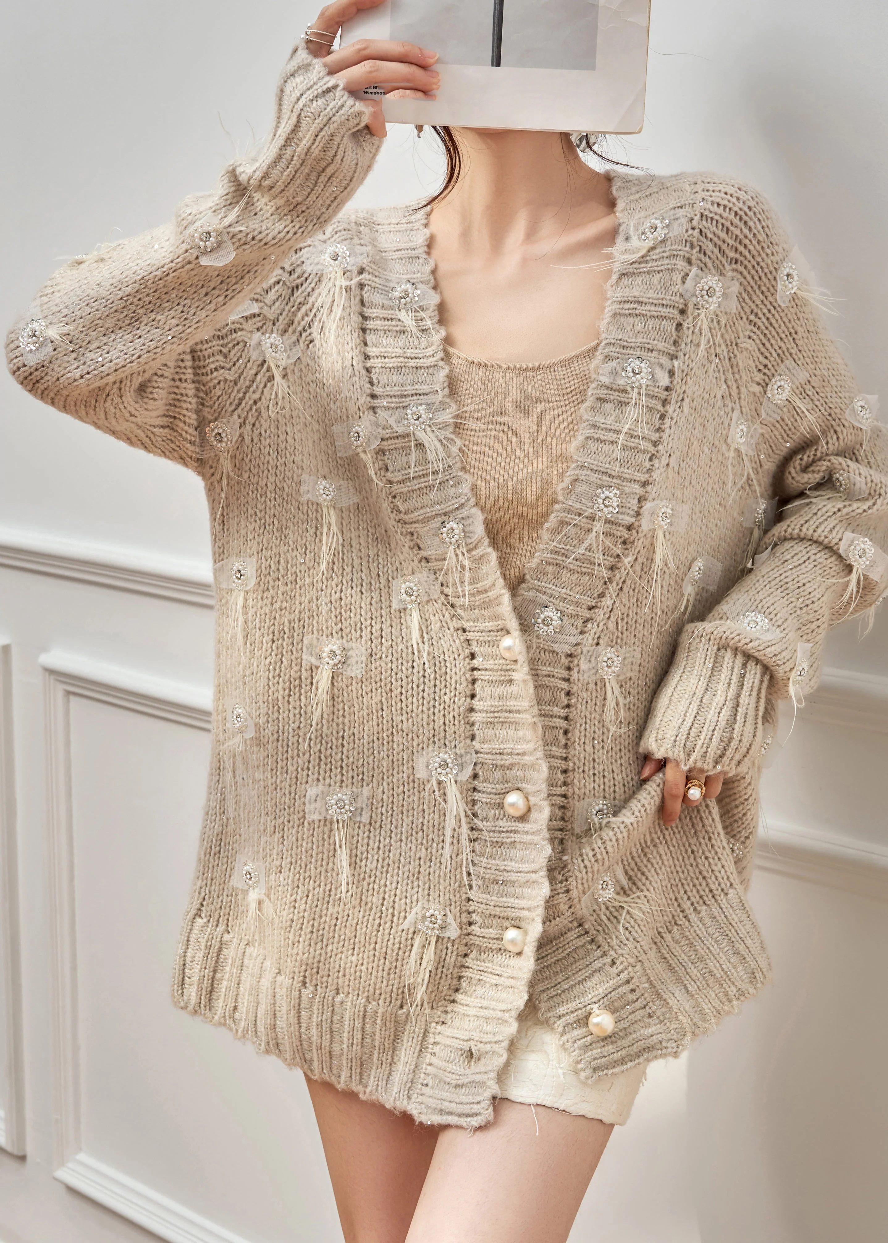 Unique Knit Cardigan Oatmeal Feather Zircon Cotton V Neck Spring - Image 2