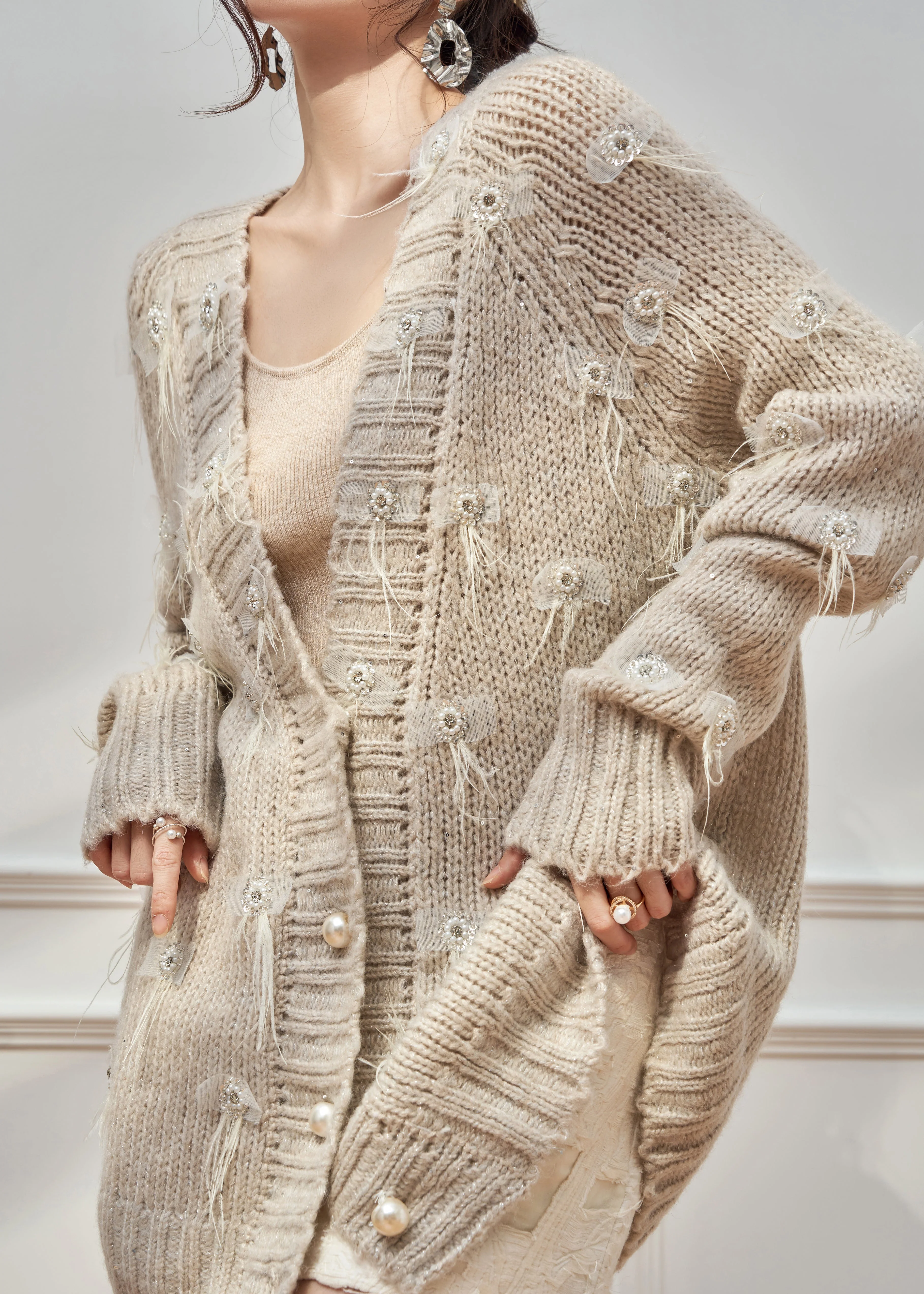Unique Knit Cardigan Oatmeal Feather Zircon Cotton V Neck Spring - Image 4