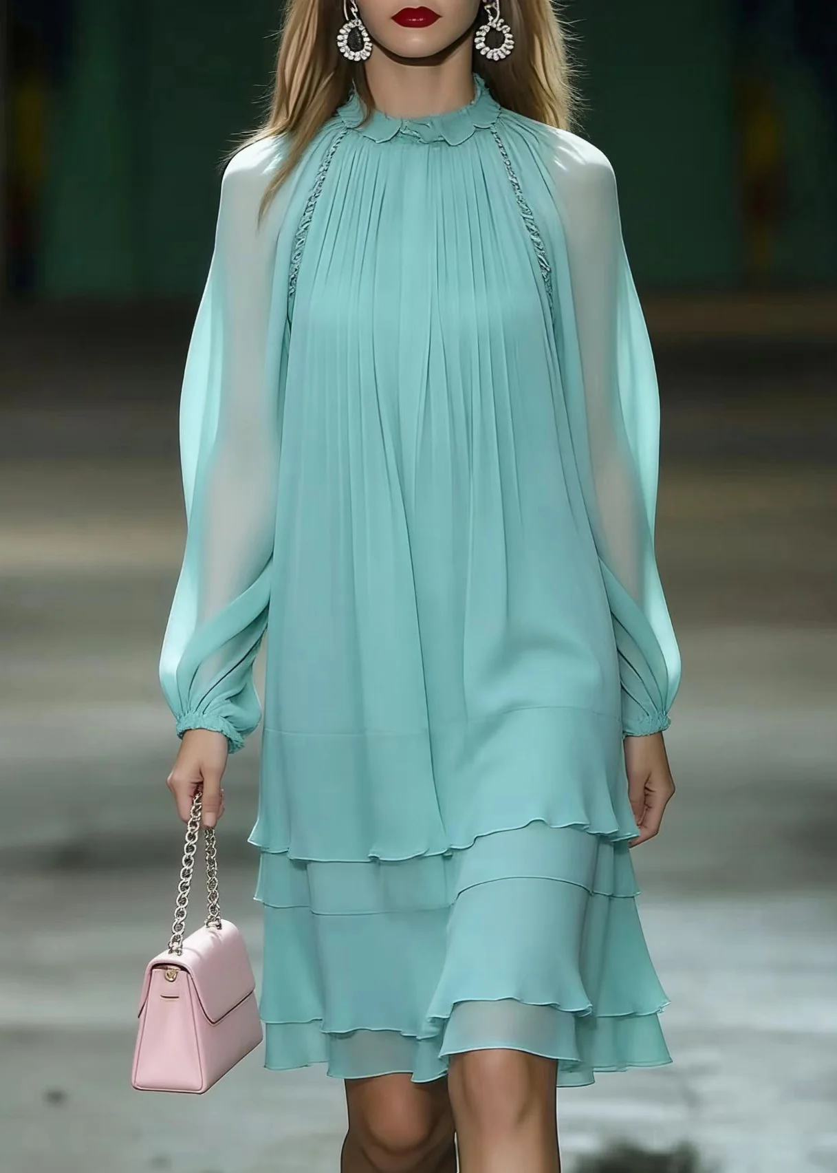 Unique Lake Blue Draping Layered Chiffon Day Dress Spring - Image 3