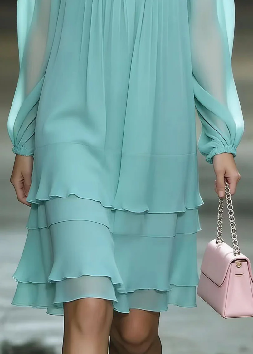 Unique Lake Blue Draping Layered Chiffon Day Dress Spring - Image 4