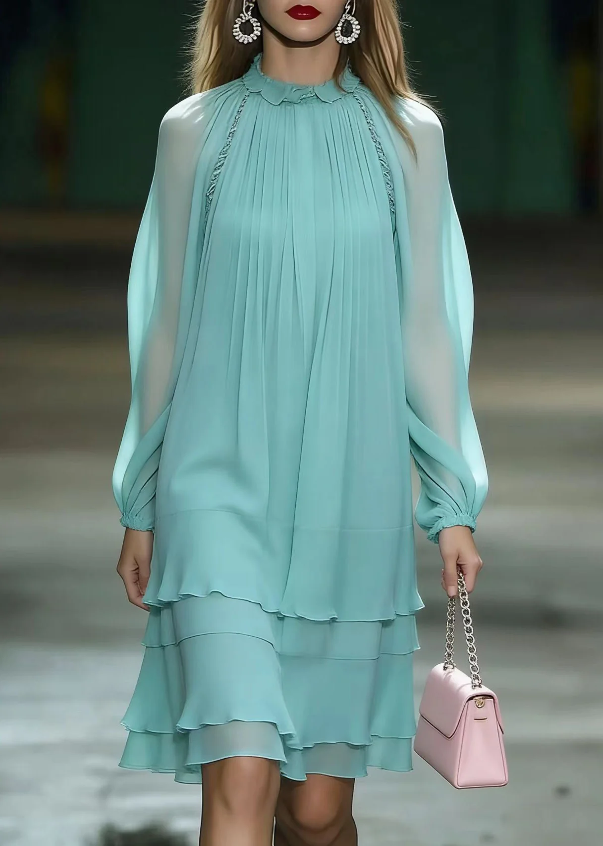 Unique Lake Blue Draping Layered Chiffon Day Dress Spring - Image 5