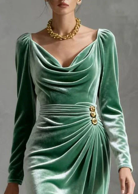 Unique Lake Green Wrinkled Silk Velvet Tea Dress Spring - Image 2