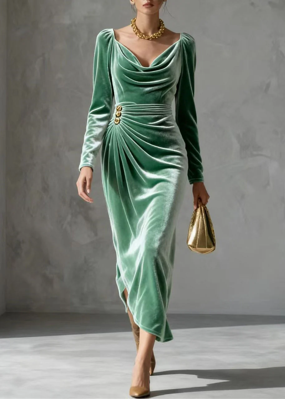 Unique Lake Green Wrinkled Silk Velvet Tea Dress Spring - Image 3