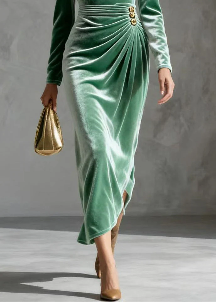Unique Lake Green Wrinkled Silk Velvet Tea Dress Spring - Image 4
