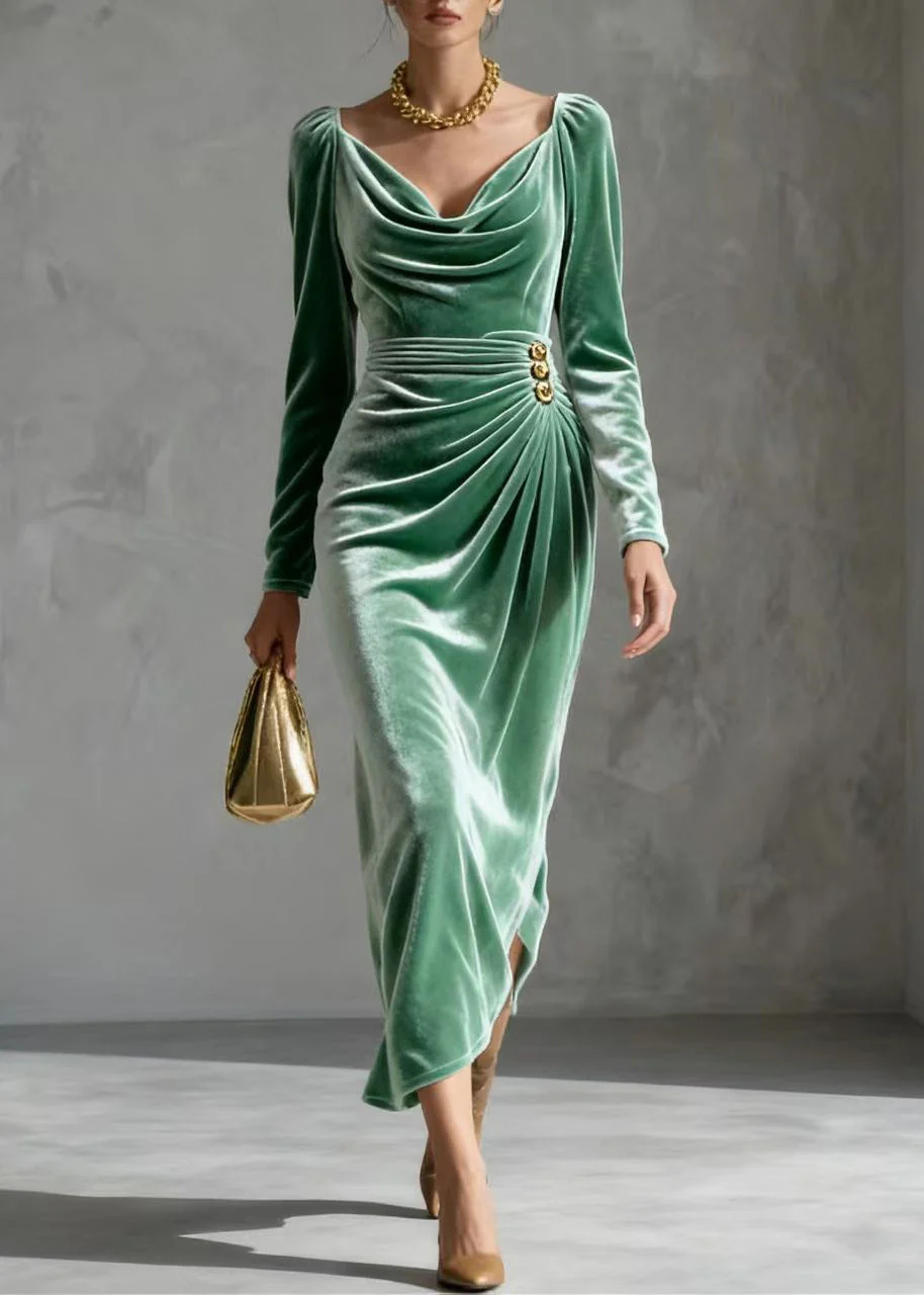Unique Lake Green Wrinkled Silk Velvet Tea Dress Spring - Image 5