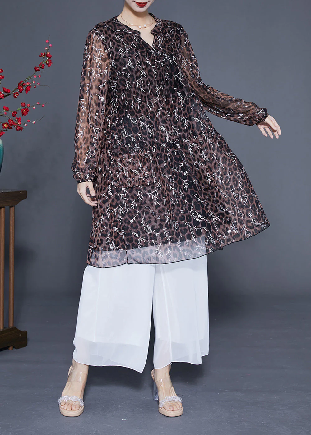 Unique Leopard Print Hollow Out Chiffon A Line Dress Summer - Image 2