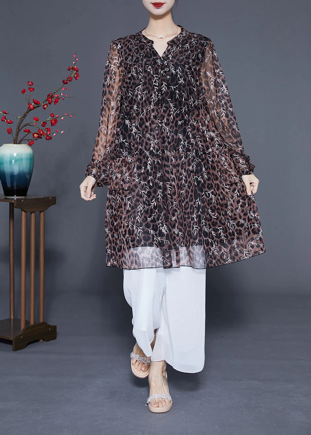 Unique Leopard Print Hollow Out Chiffon A Line Dress Summer - Image 3