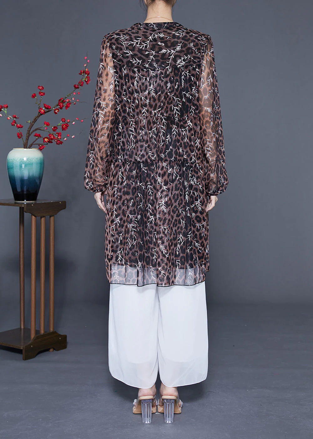 Unique Leopard Print Hollow Out Chiffon A Line Dress Summer - Image 4