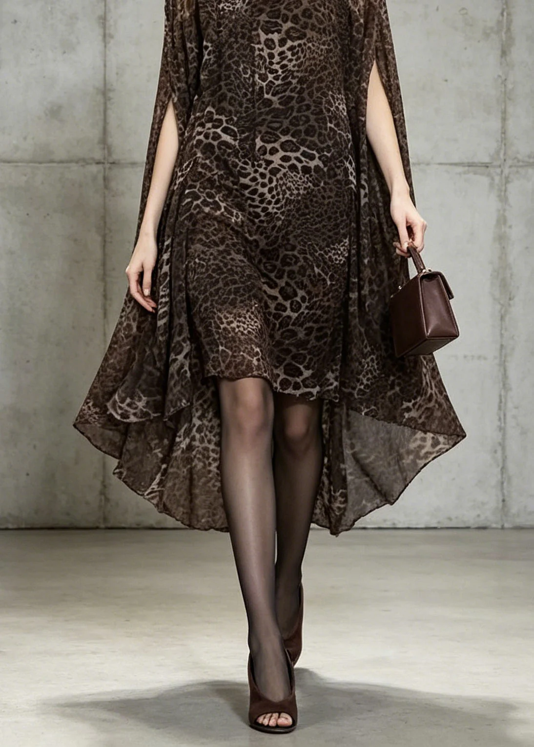 Unique Leopard Print Slash Neck Chiffon Dress Batwing Sleeve - Image 4