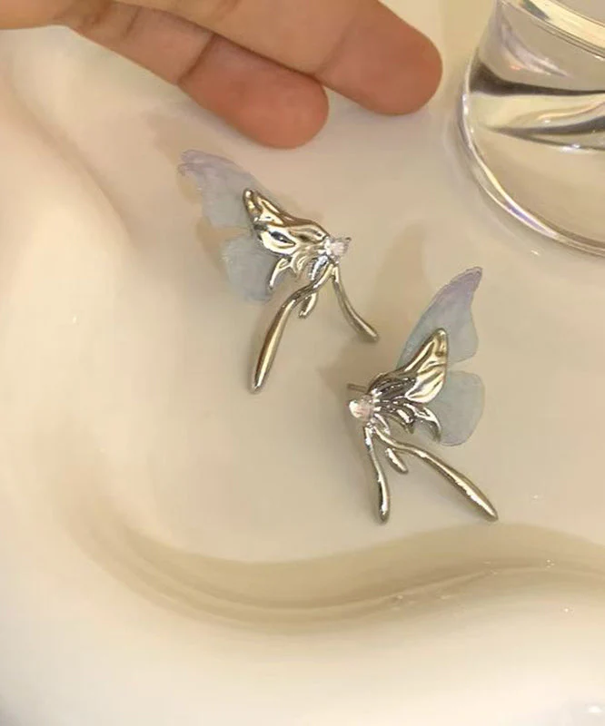 Unique Light Blue Copper Alloy Resin Tulle Butterfly Stud Earrings - Image 4