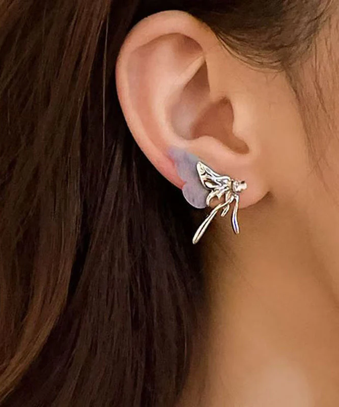 Unique Light Blue Copper Alloy Resin Tulle Butterfly Stud Earrings - Image 5