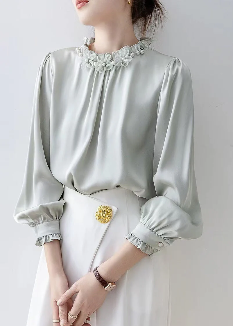 Unique Light Blue Ruffled Floral Chiffon Shirts Spring - Image 3