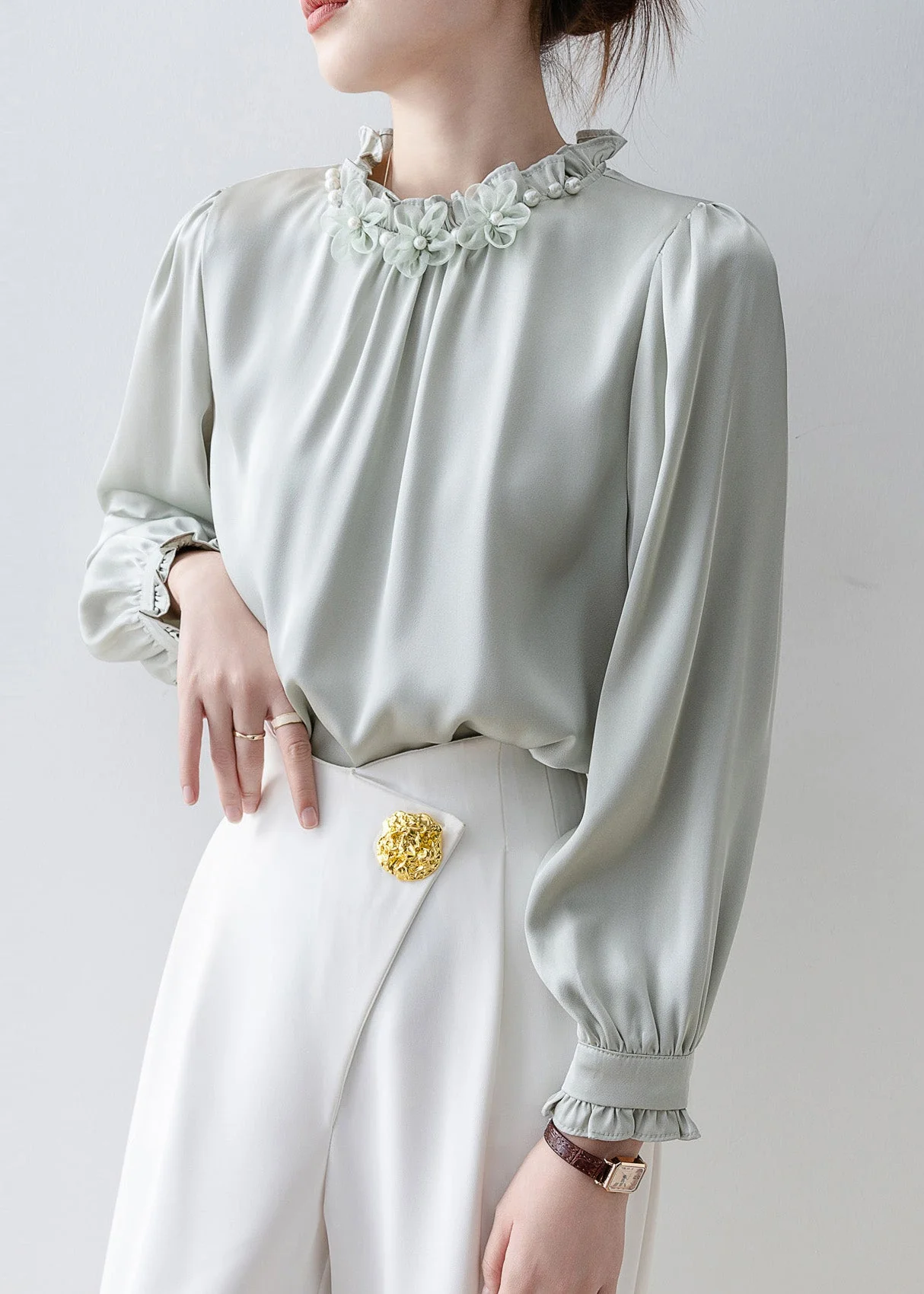 Unique Light Blue Ruffled Floral Chiffon Shirts Spring - Image 4