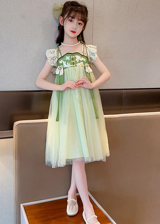 Unique Light Green Embroideried Tassel Patchwork Tulle Long Dress Short Sleeve - Image 3