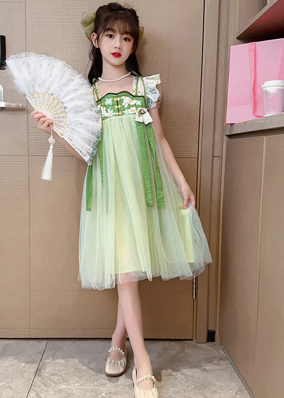 Unique Light Green Embroideried Tassel Patchwork Tulle Long Dress Short Sleeve - Image 4