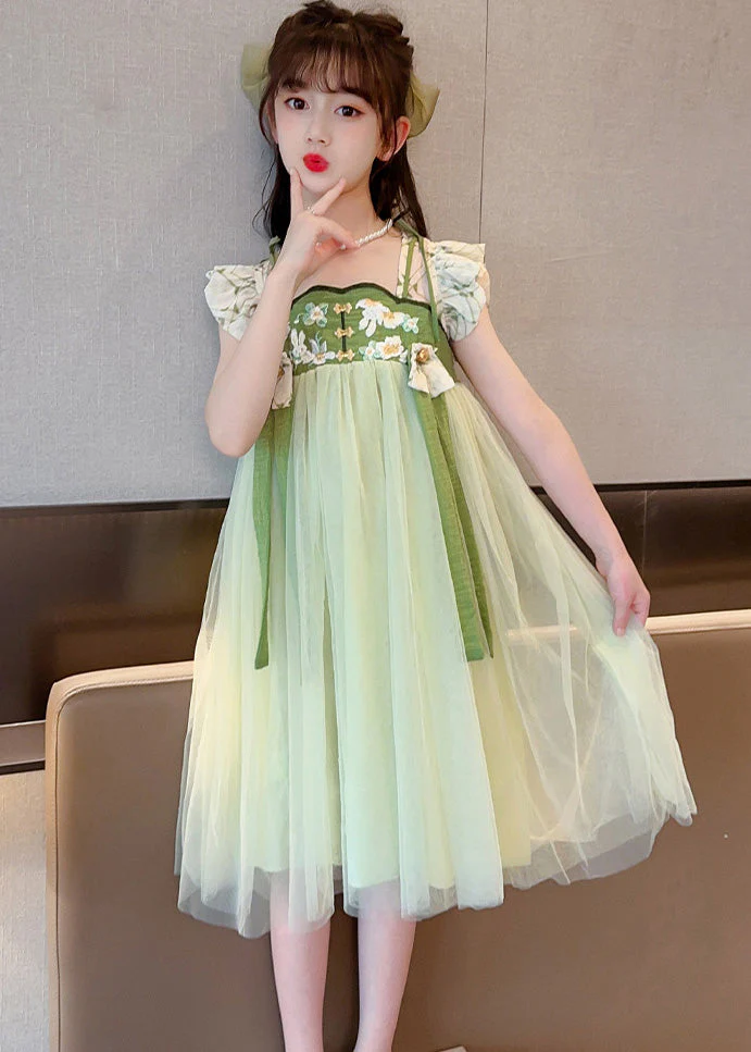 Unique Light Green Embroideried Tassel Patchwork Tulle Long Dress Short Sleeve - Image 5