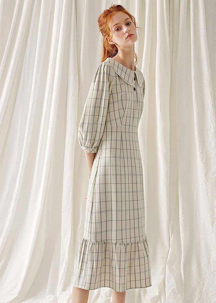 Unique light nude plaid blended clothes ruffles hem cotton robes fall Dresses - Image 3