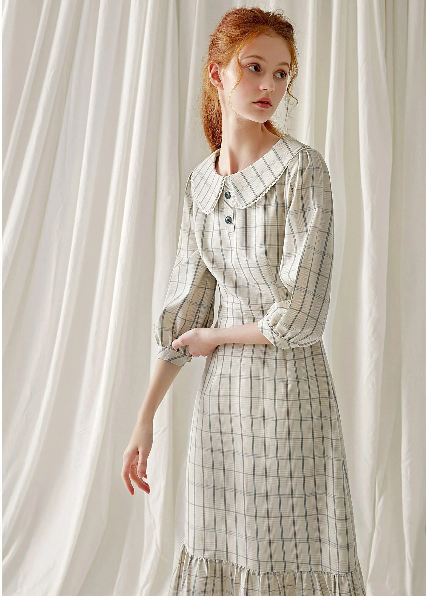 Unique light nude plaid blended clothes ruffles hem cotton robes fall Dresses - Image 5