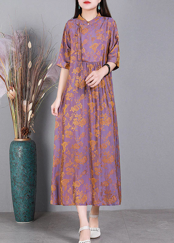 Unique Light Purple Stand Collar Jacquard Side Open Oriental Button Silk Dress Half Sleeve - Image 2