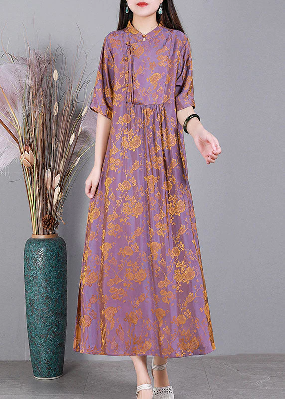 Unique Light Purple Stand Collar Jacquard Side Open Oriental Button Silk Dress Half Sleeve - Image 3