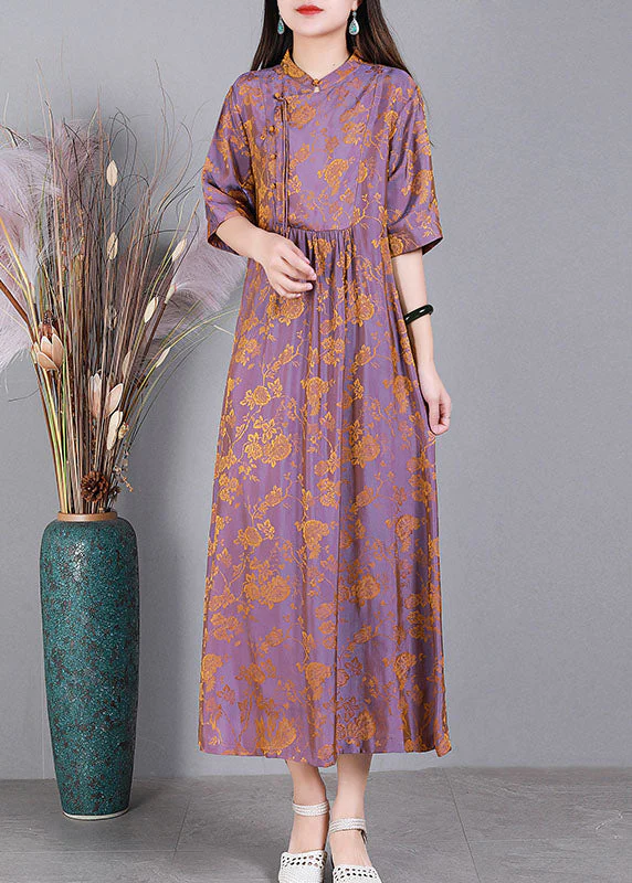 Unique Light Purple Stand Collar Jacquard Side Open Oriental Button Silk Dress Half Sleeve - Image 4