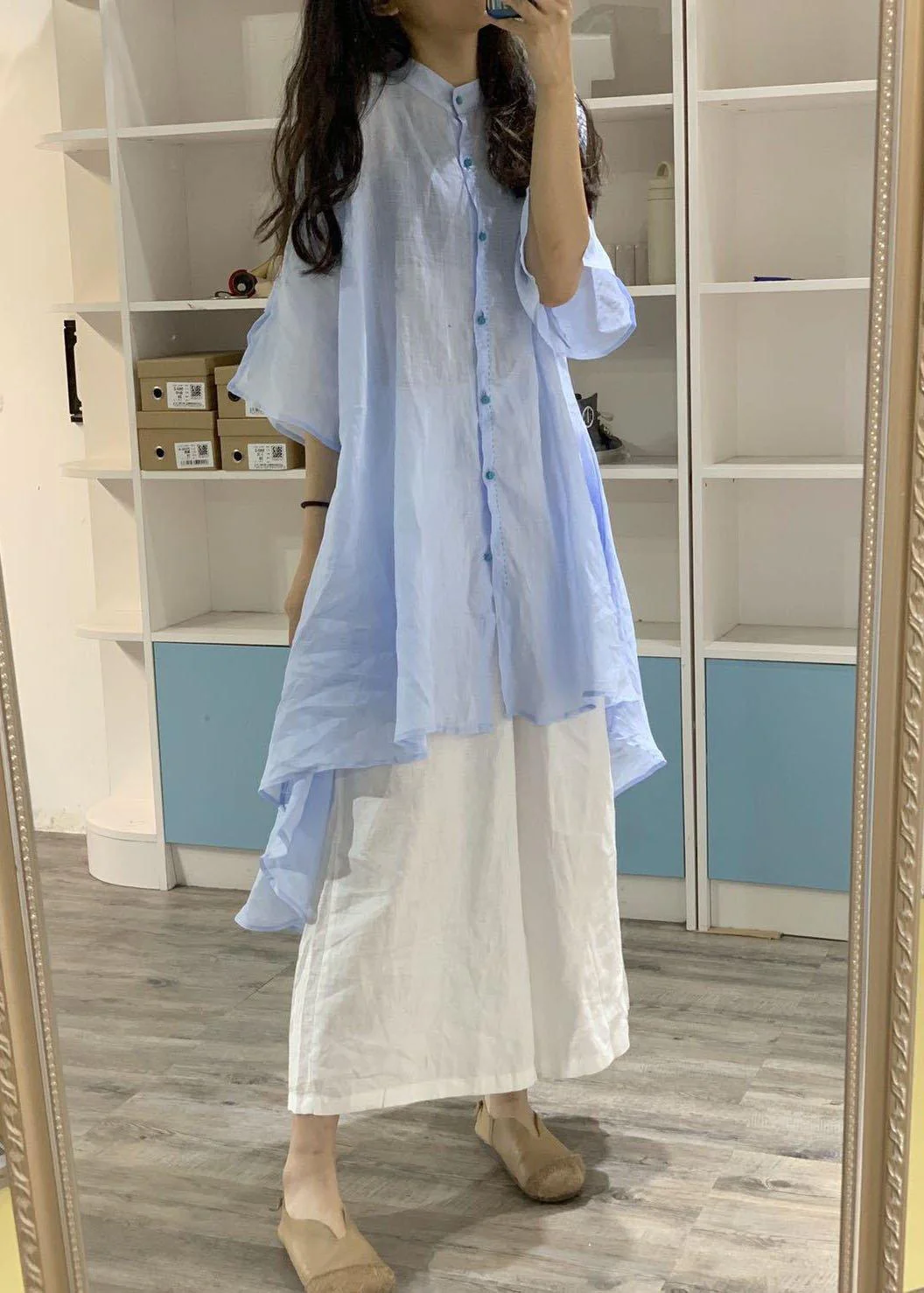 Unique low high design linen shirt dress Catwalk blue Dresses - Image 2