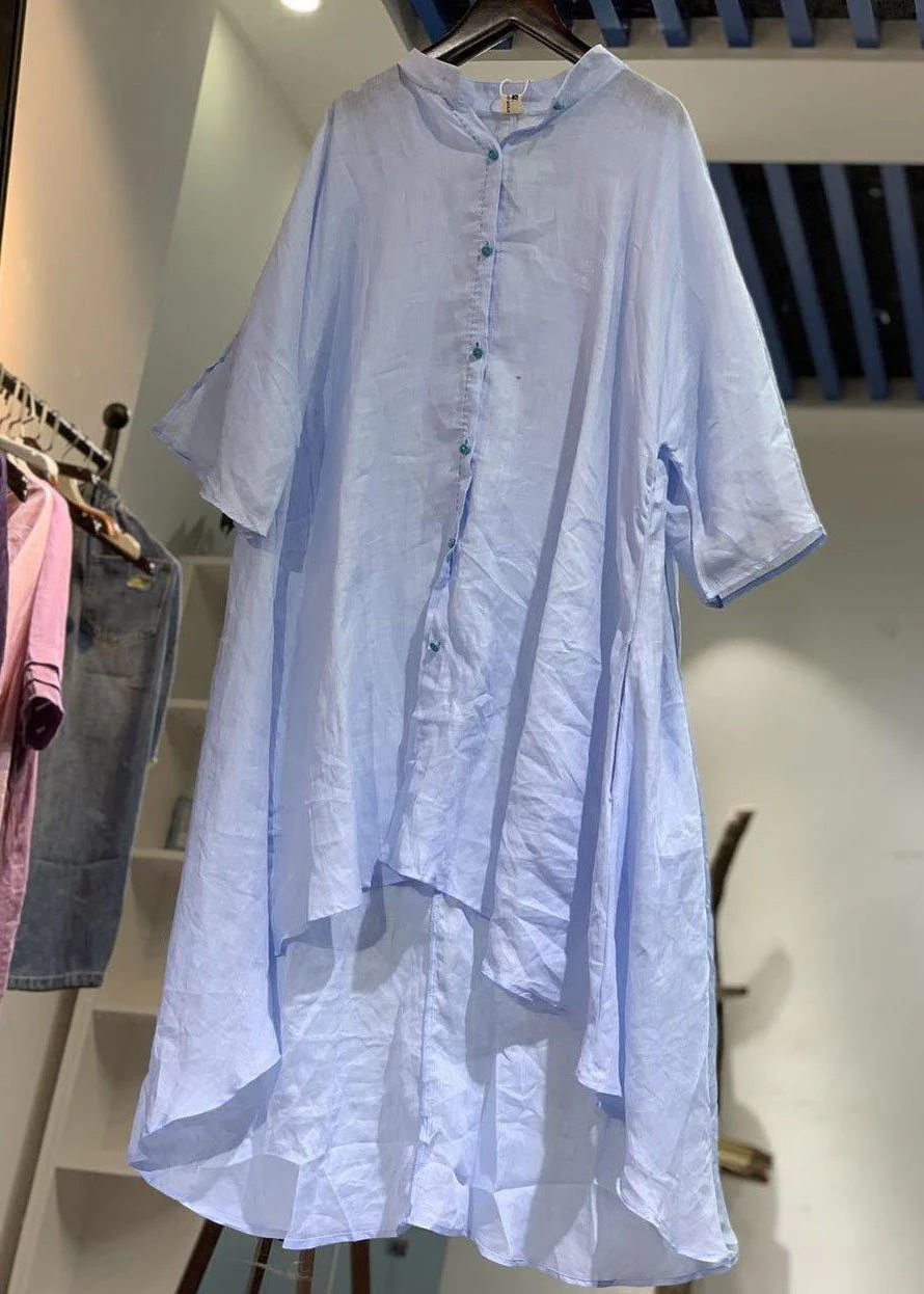 Unique low high design linen shirt dress Catwalk blue Dresses - Image 3