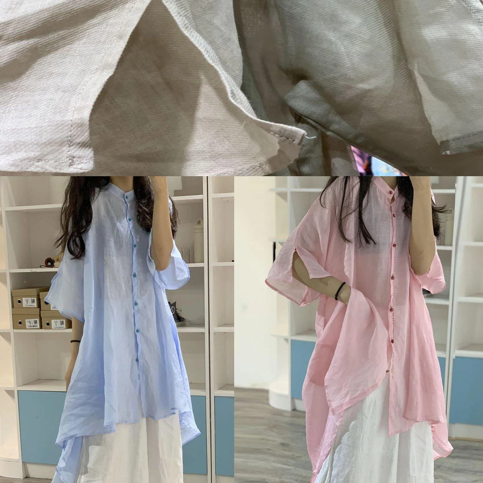 Unique low high design linen shirt dress Catwalk blue Dresses - Image 5
