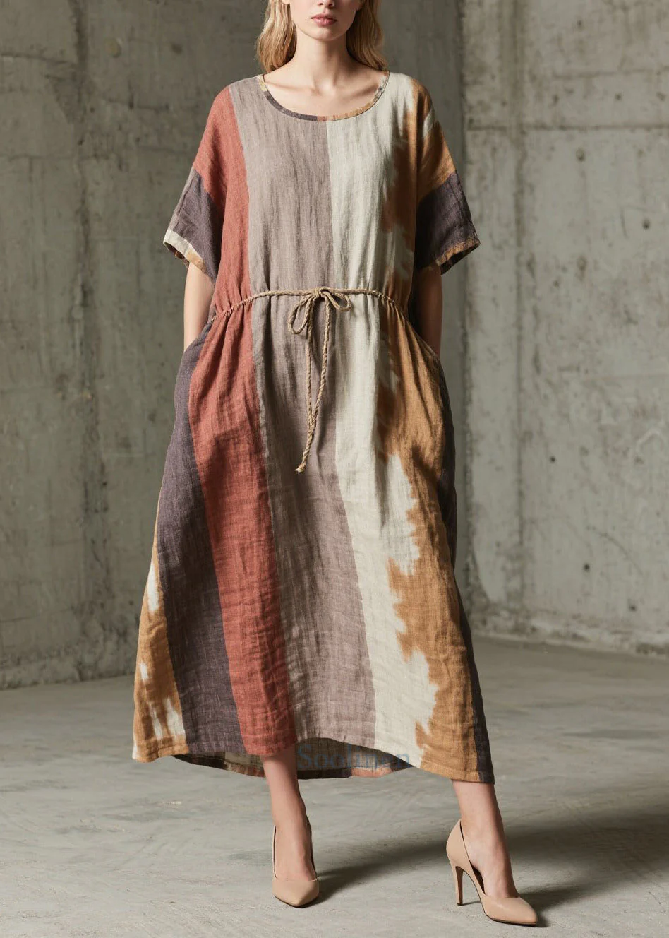 Unique Mixed Color Tie Waist Print Cotton Ankle Dress Summer - Image 3