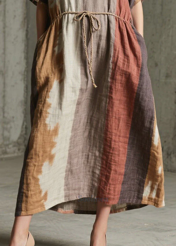 Unique Mixed Color Tie Waist Print Cotton Ankle Dress Summer - Image 4