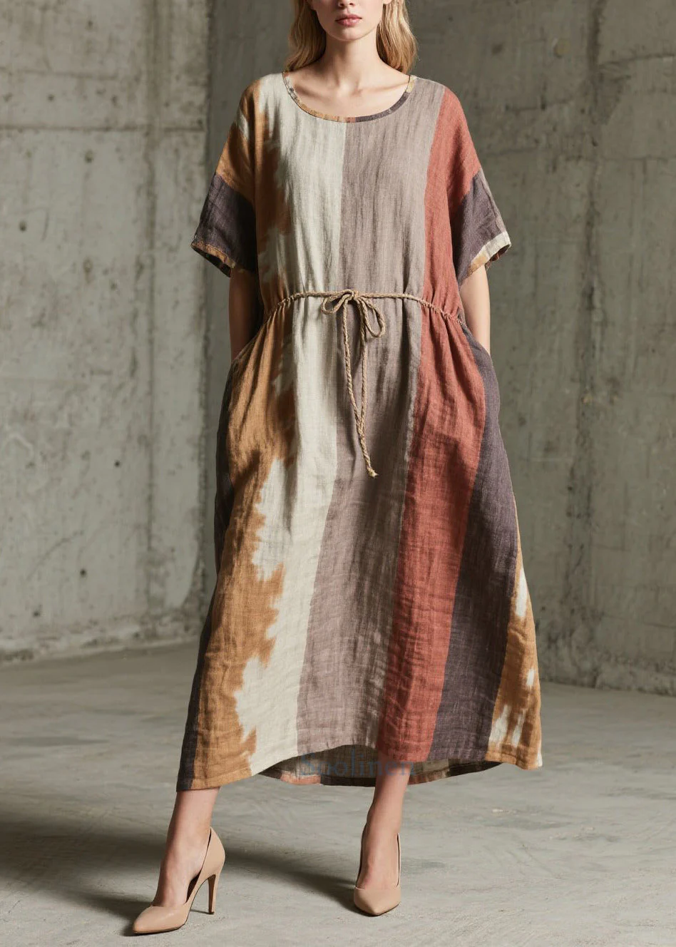 Unique Mixed Color Tie Waist Print Cotton Ankle Dress Summer - Image 5