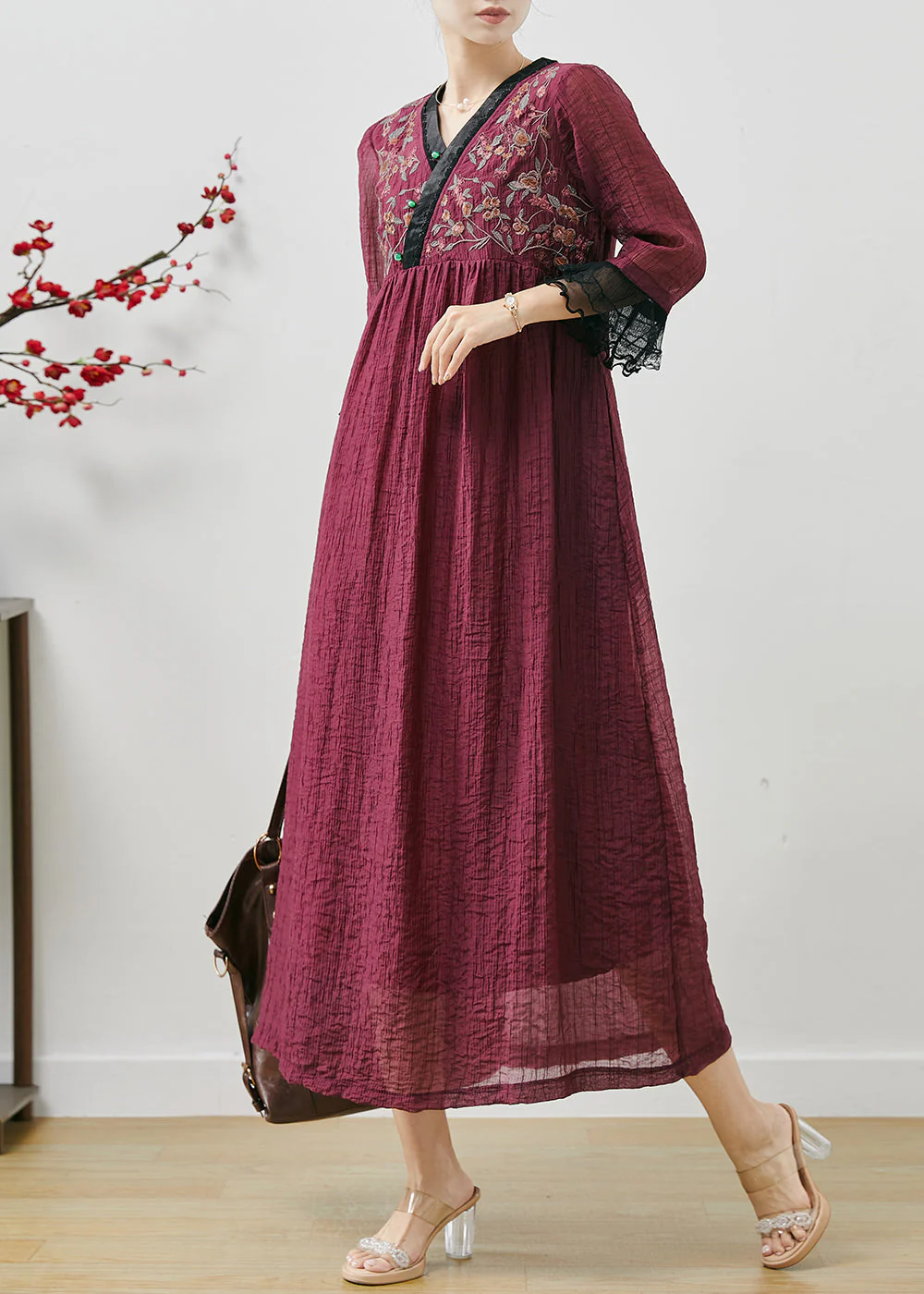 Unique Mulberry Embroidered Patchwork Cotton Dress Fall - Image 3