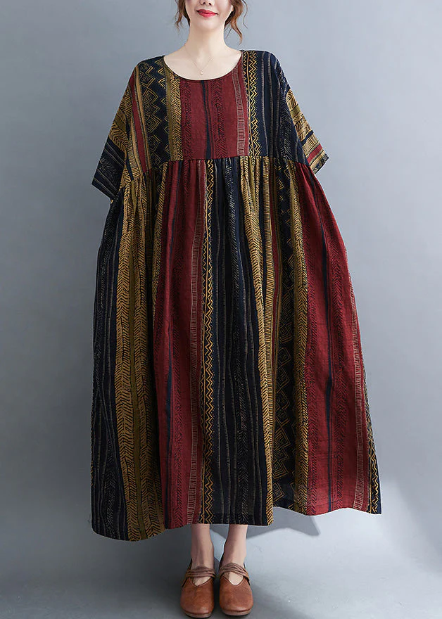 Unique Mulberry Striped Patchwork Wrinkled Maxi Dresses Summer - Image 4