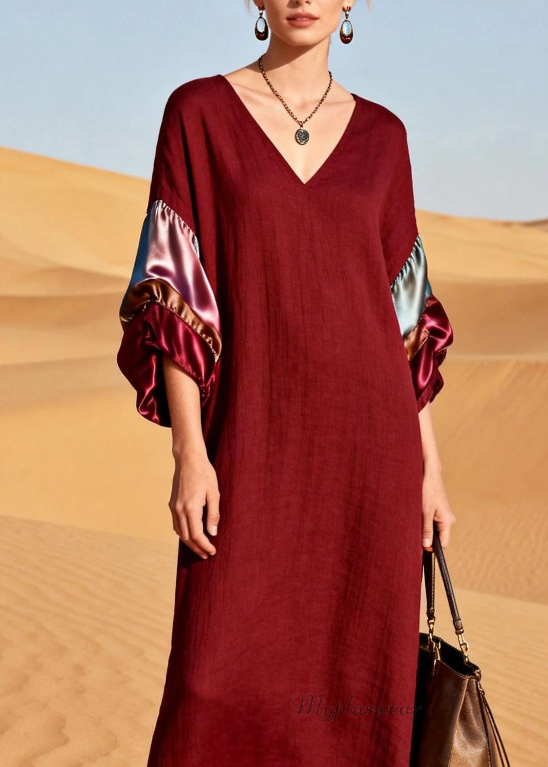 Unique Mulberry V Neck Silk Patchwork Linen Dress Summer - Image 2