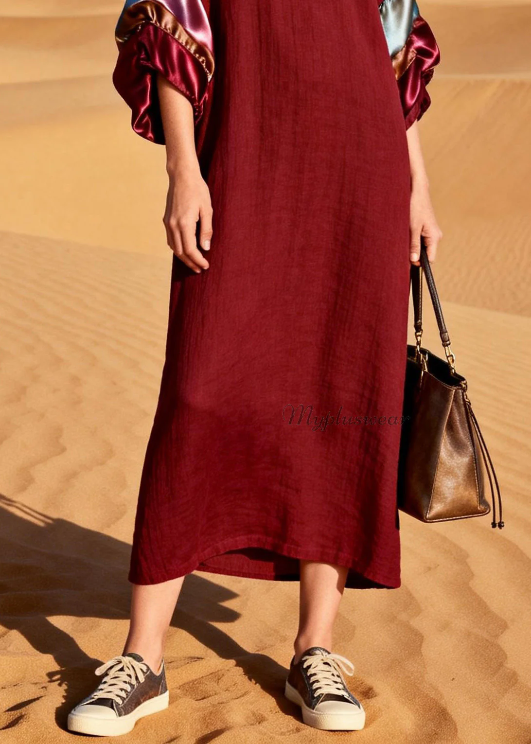 Unique Mulberry V Neck Silk Patchwork Linen Dress Summer - Image 4