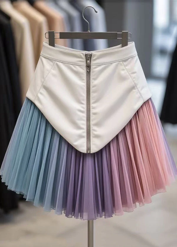Unique Multicolor Zippered Tulle Patchwork Faux Leather Skirt Spring - Image 3