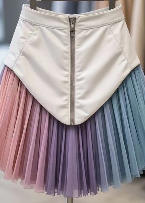 Unique Multicolor Zippered Tulle Patchwork Faux Leather Skirt Spring - Image 5