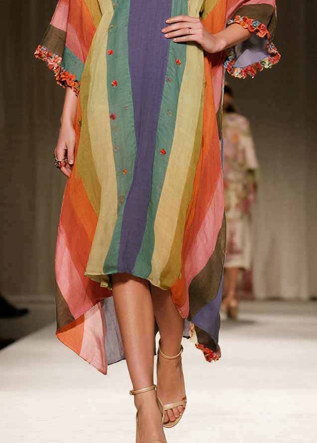 Unique Multicolored Ruffled Striped Cotton Maxi Dress Bracelet Sleeve - Image 4