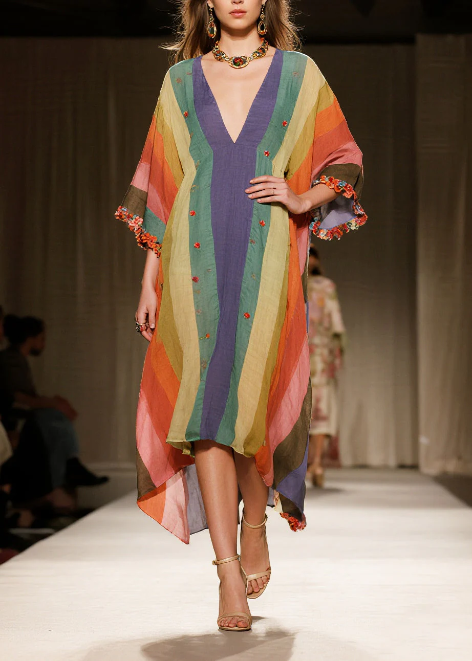 Unique Multicolored Ruffled Striped Cotton Maxi Dress Bracelet Sleeve - Image 5