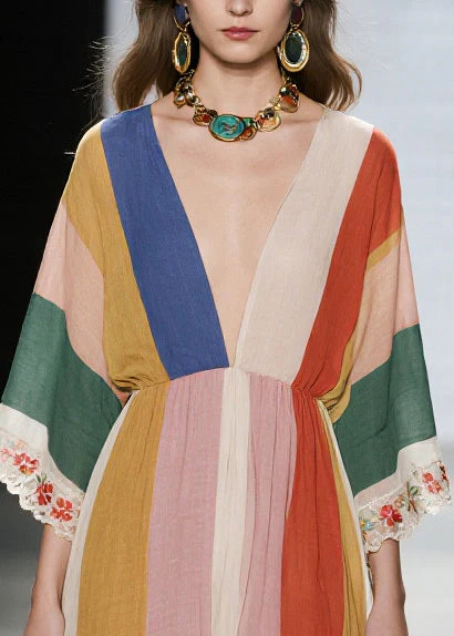 Unique Multicolored V Neck Lace Patchwork Cotton Dresses Summer - Image 2