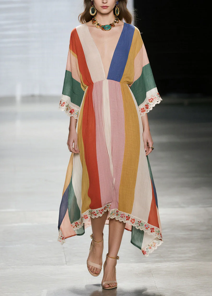 Unique Multicolored V Neck Lace Patchwork Cotton Dresses Summer - Image 3