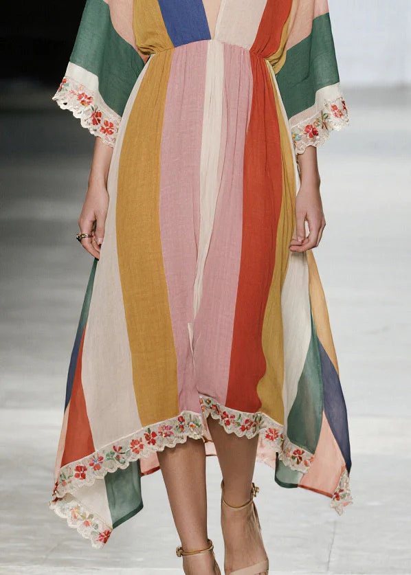 Unique Multicolored V Neck Lace Patchwork Cotton Dresses Summer - Image 4