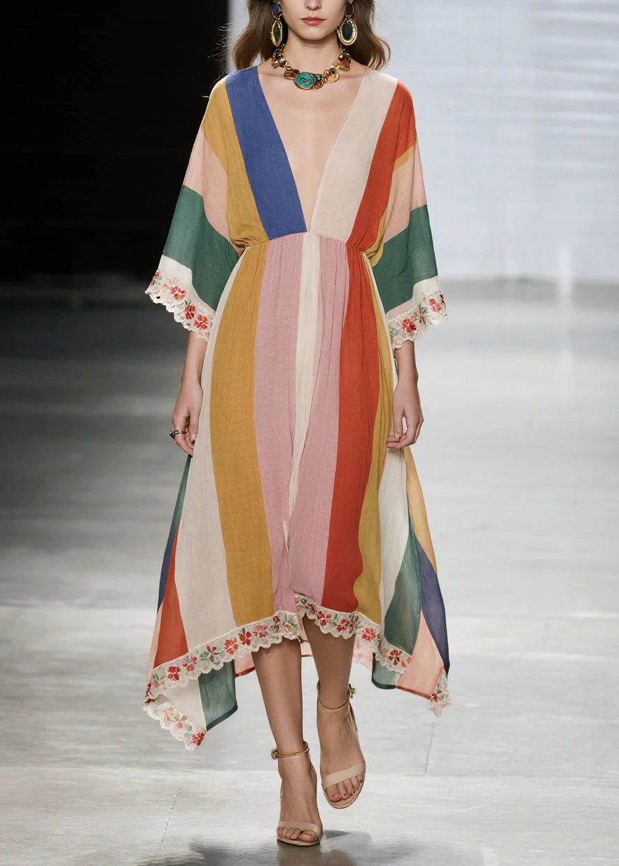 Unique Multicolored V Neck Lace Patchwork Cotton Dresses Summer - Image 5