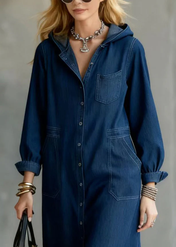 Unique Navy Hooded Button Down Denim Maxi Dresses Spring - Image 2
