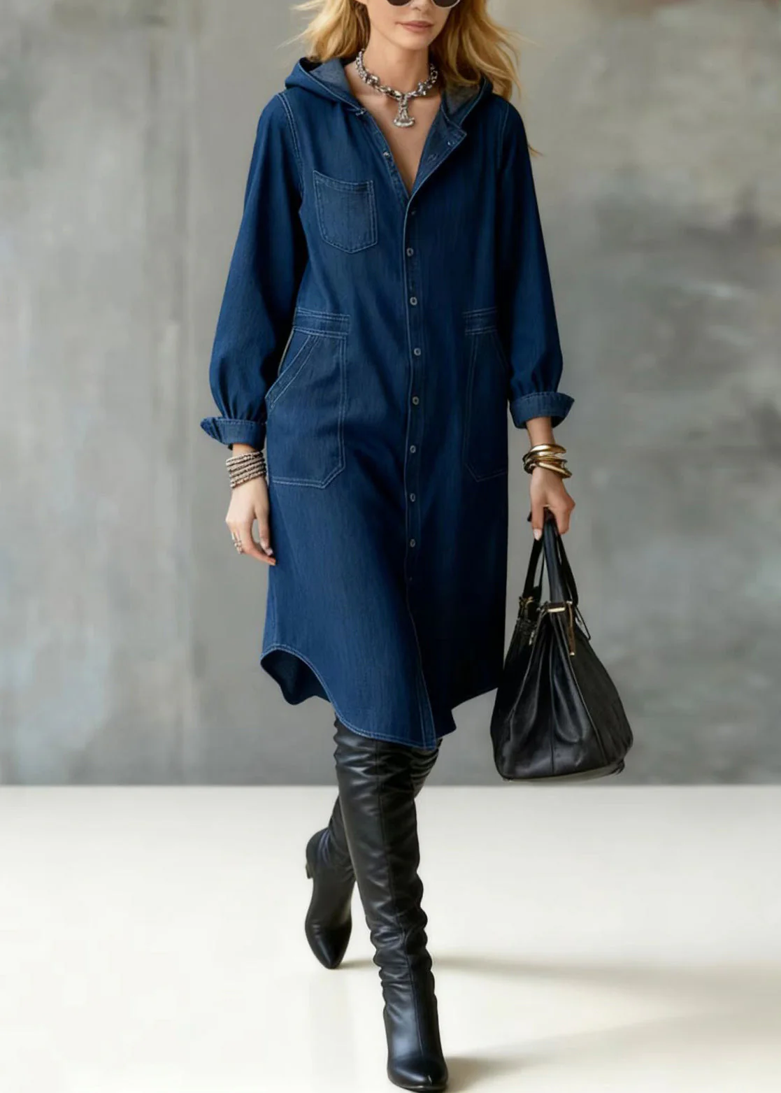 Unique Navy Hooded Button Down Denim Maxi Dresses Spring - Image 3