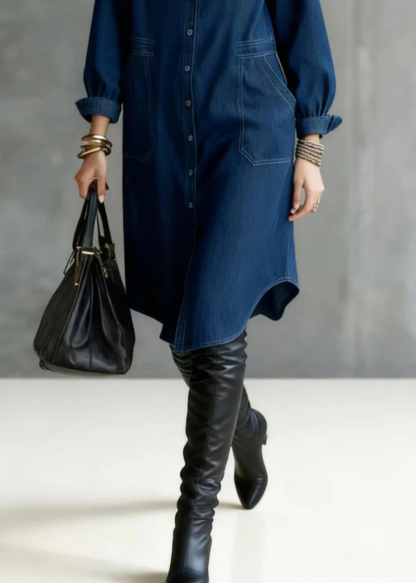 Unique Navy Hooded Button Down Denim Maxi Dresses Spring - Image 4